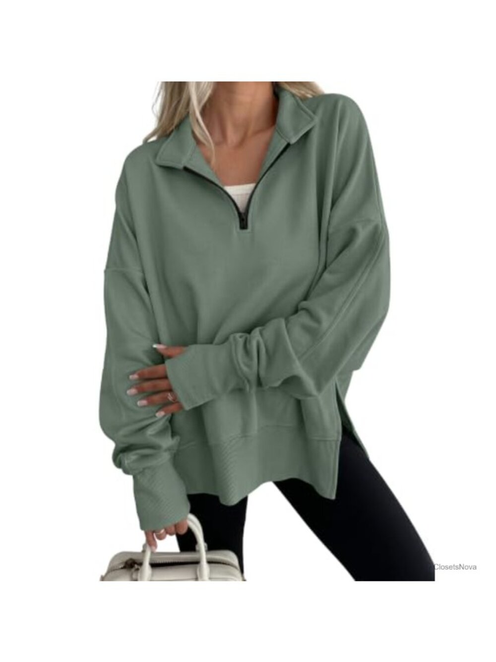 Oversized Quarter Zip Pullover Sweatshirt Stand Collar Side Slit Casual